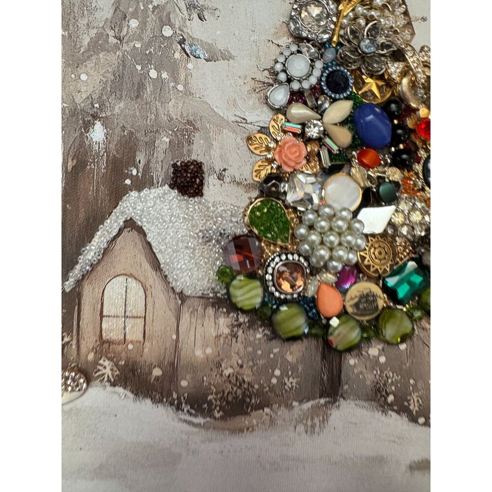 Designs By Betty Jewelry Art Christmas Tree Cabin Scene 14" X 17" Logo Signed - Picture 7 of 9